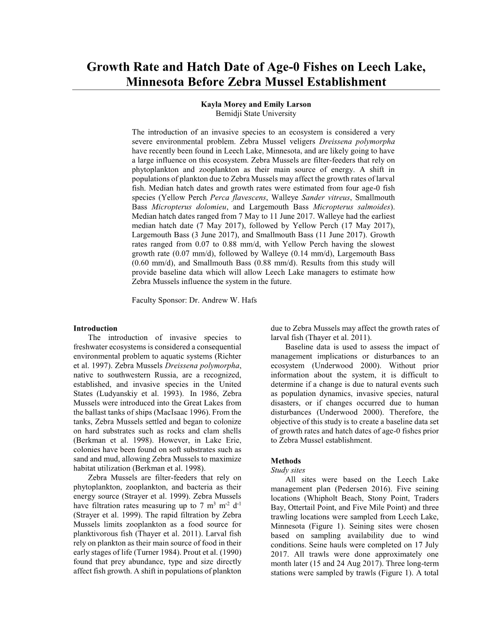 Growth Rate and Hatch Date of Age-0 Fishes on Leech Lake, Minnesota Before Zebra Mussel Establishment