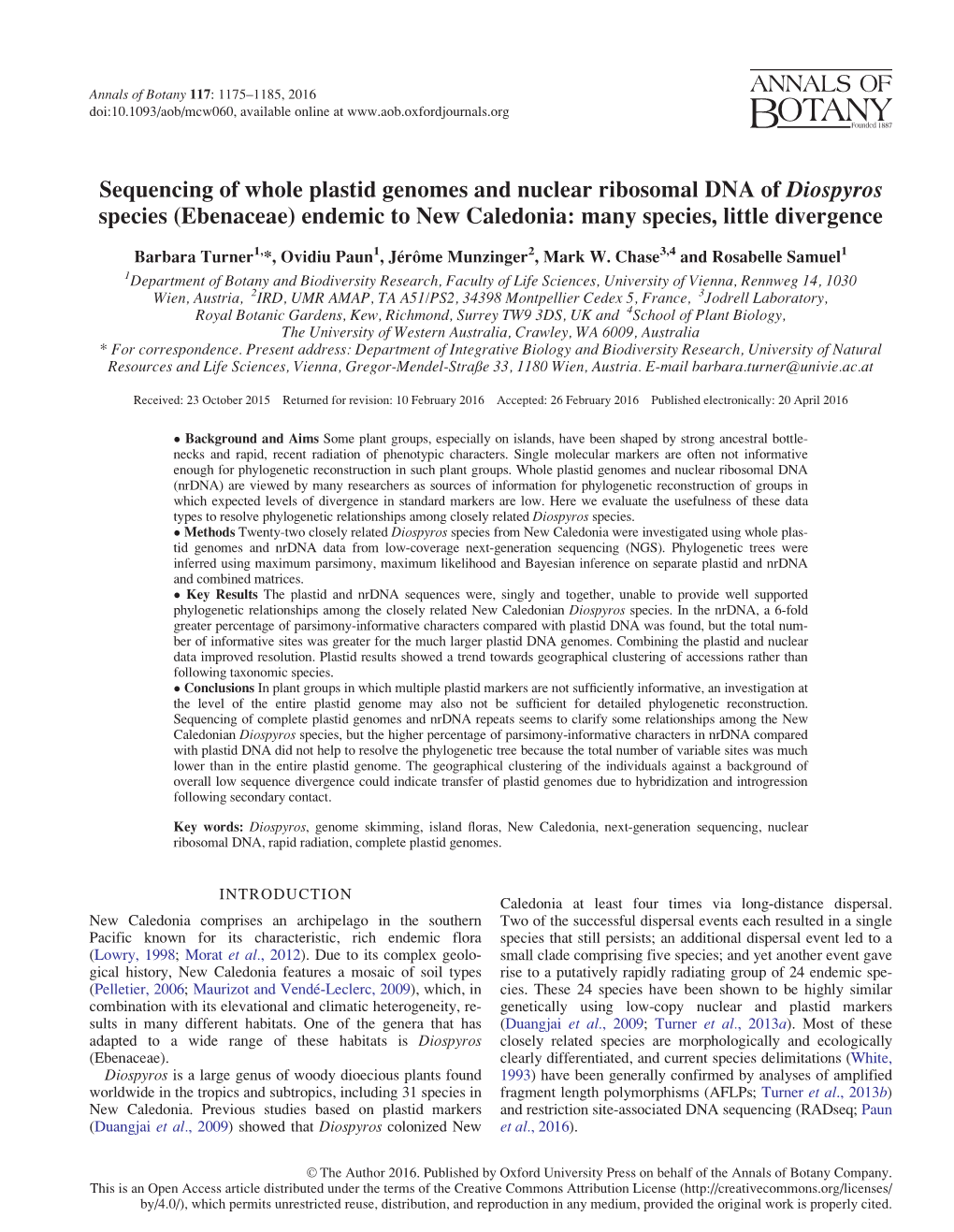 Sequencing of Whole Plastid Genomes and Nuclear Ribosomal DNA of Diospyros Species (Ebenaceae) Endemic to New Caledonia: Many Species, Little Divergence