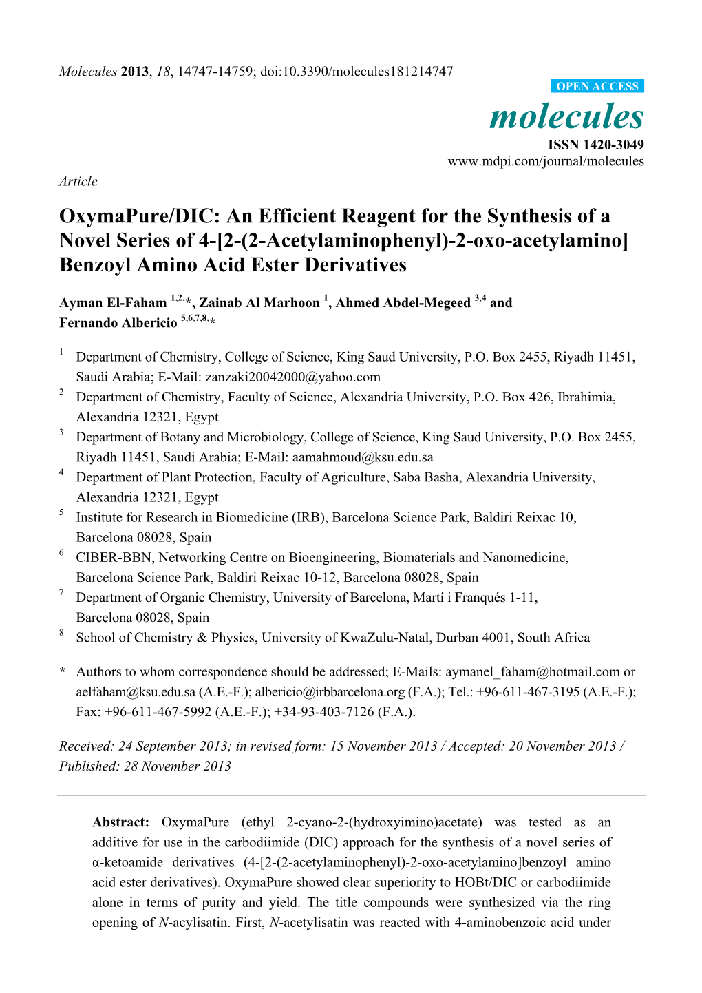 Oxymapure/DIC: an Efficient Reagent for the Synthesis of a Novel Series of 4-[2-(2-Acetylaminophenyl)-2-Oxo-Acetylamino] Benzoyl Amino Acid Ester Derivatives