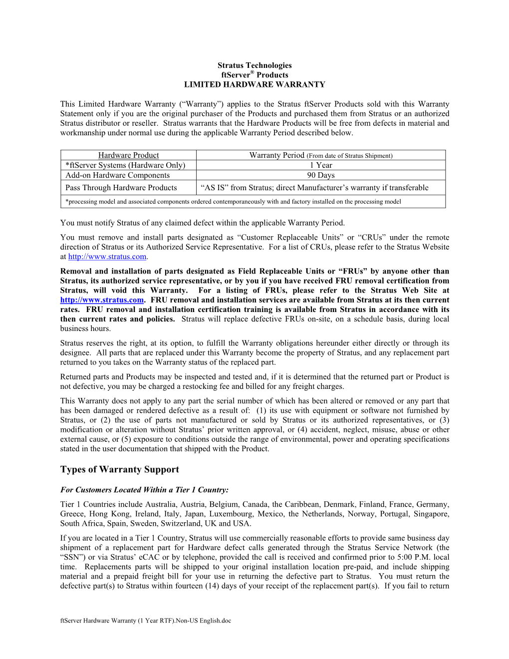 S065 Ftserver End User Hardware Warranty Agreement Non US English