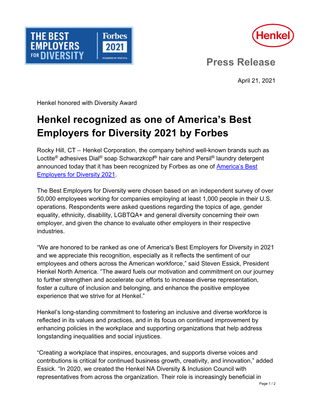 Press Release Henkel Recognized As One of America's Best Employers For