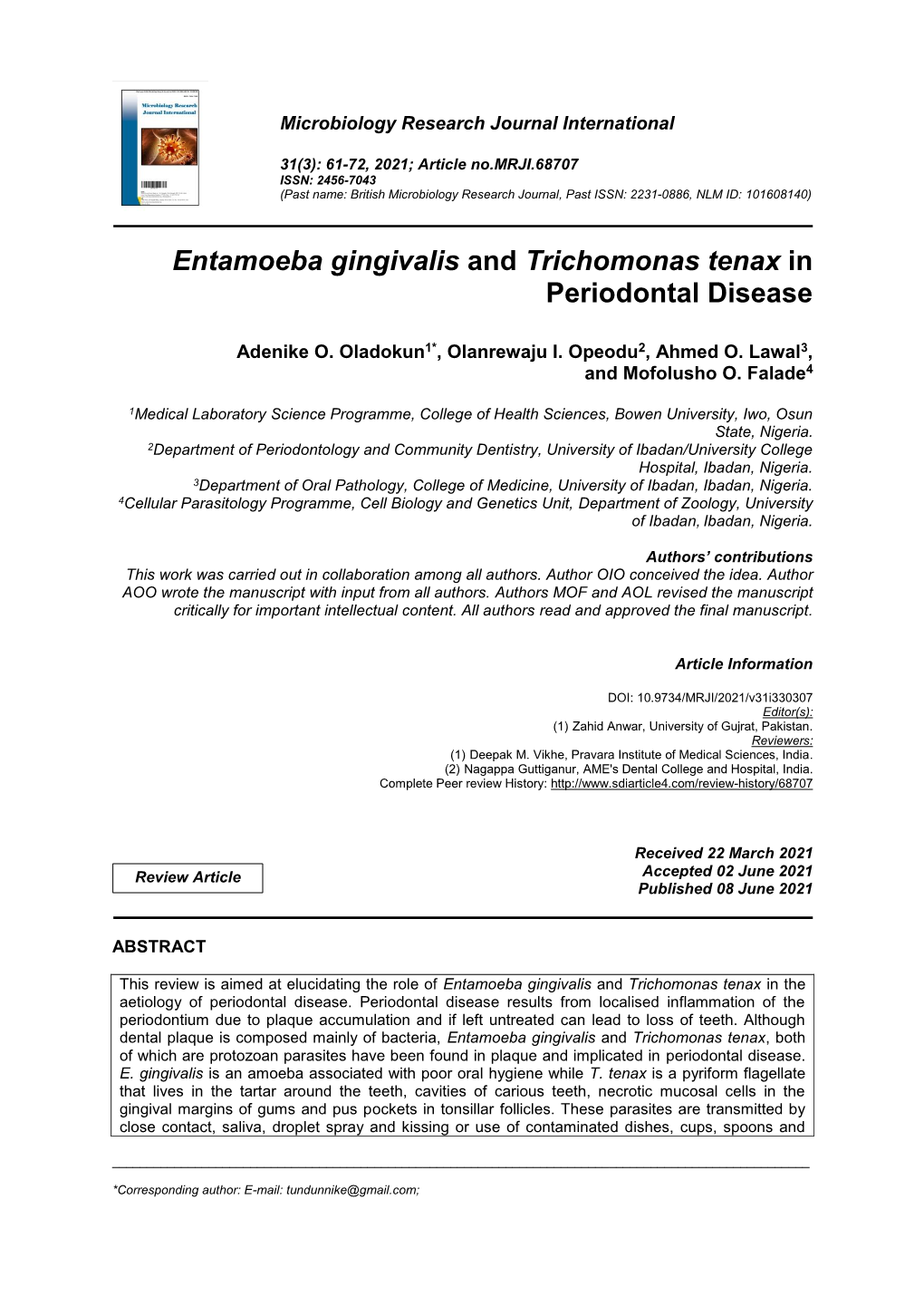 Entamoeba Gingivalis and Trichomonas Tenax in Periodontal Disease