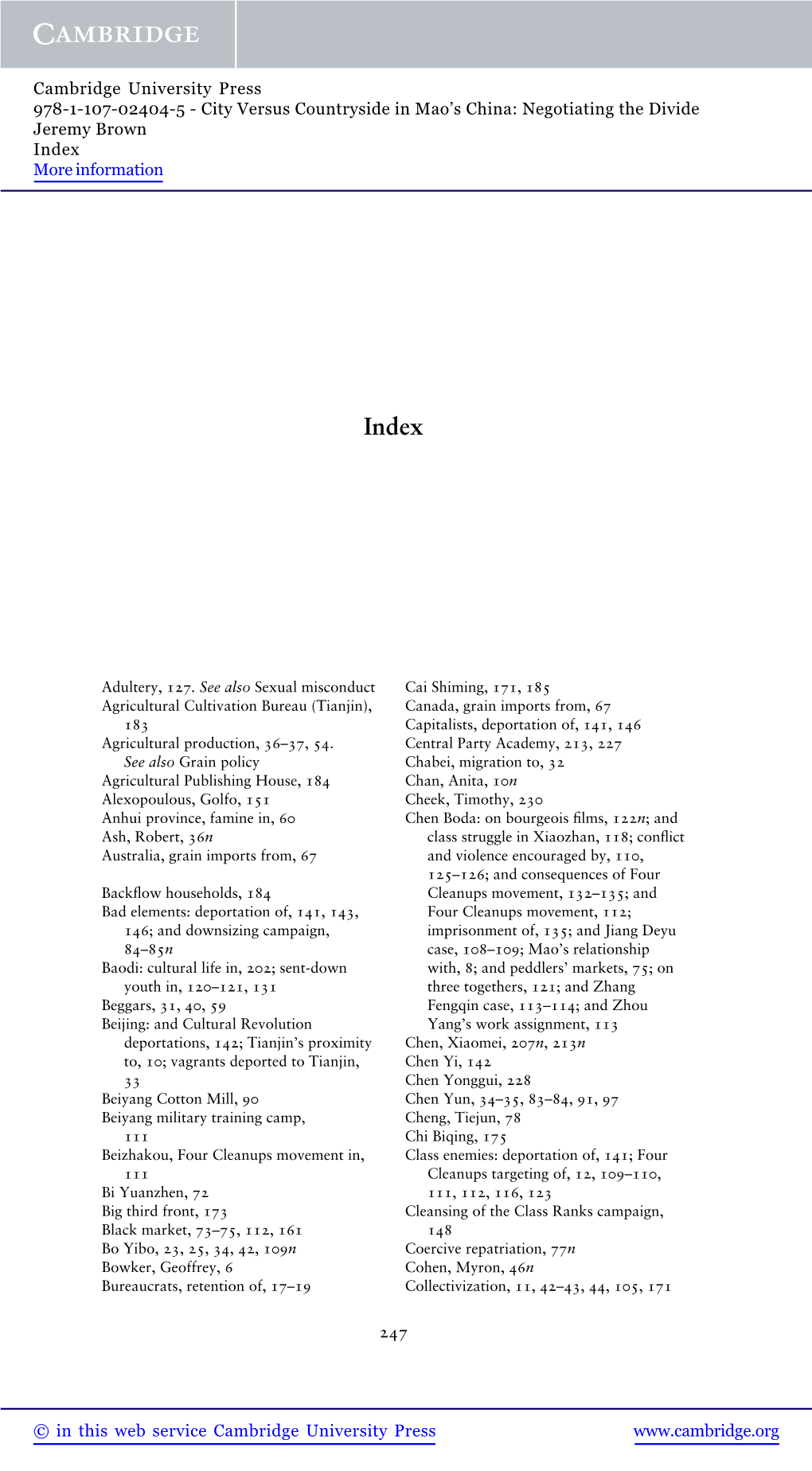 City Versus Countryside in Mao’S China: Negotiating the Divide Jeremy Brown Index More Information