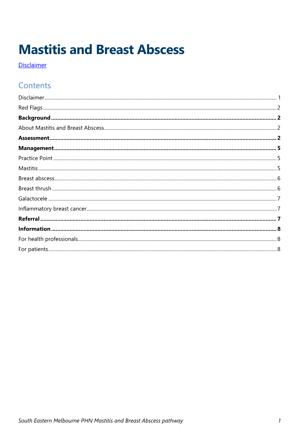 Mastitis and Breast Abscess Disclaimer