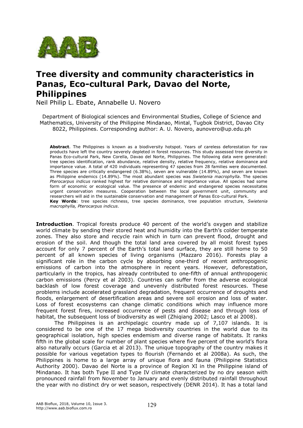 Tree Diversity and Community Characteristics in Panas, Eco-Cultural Park, Davao Del Norte, Philippines Neil Philip L