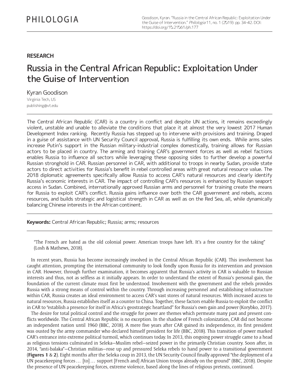 Russia in the Central African Republic: Exploitation Under the Guise of Intervention.” Philologia 11, No