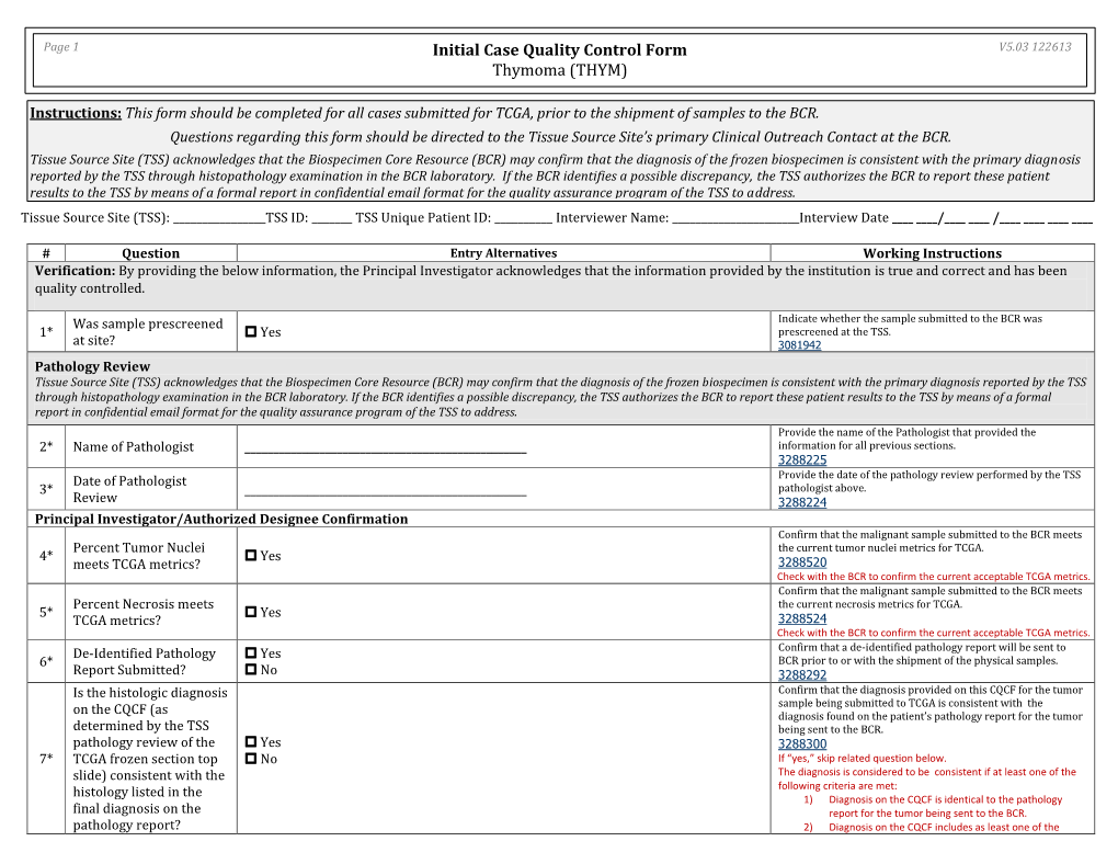 Initial Case Quality Control Form Thymoma (THYM)