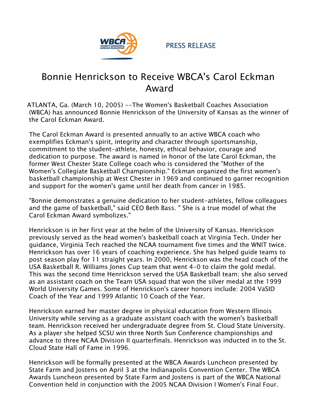 Bonnie Henrickson to Receive WBCA's Carol Eckman Award 2004