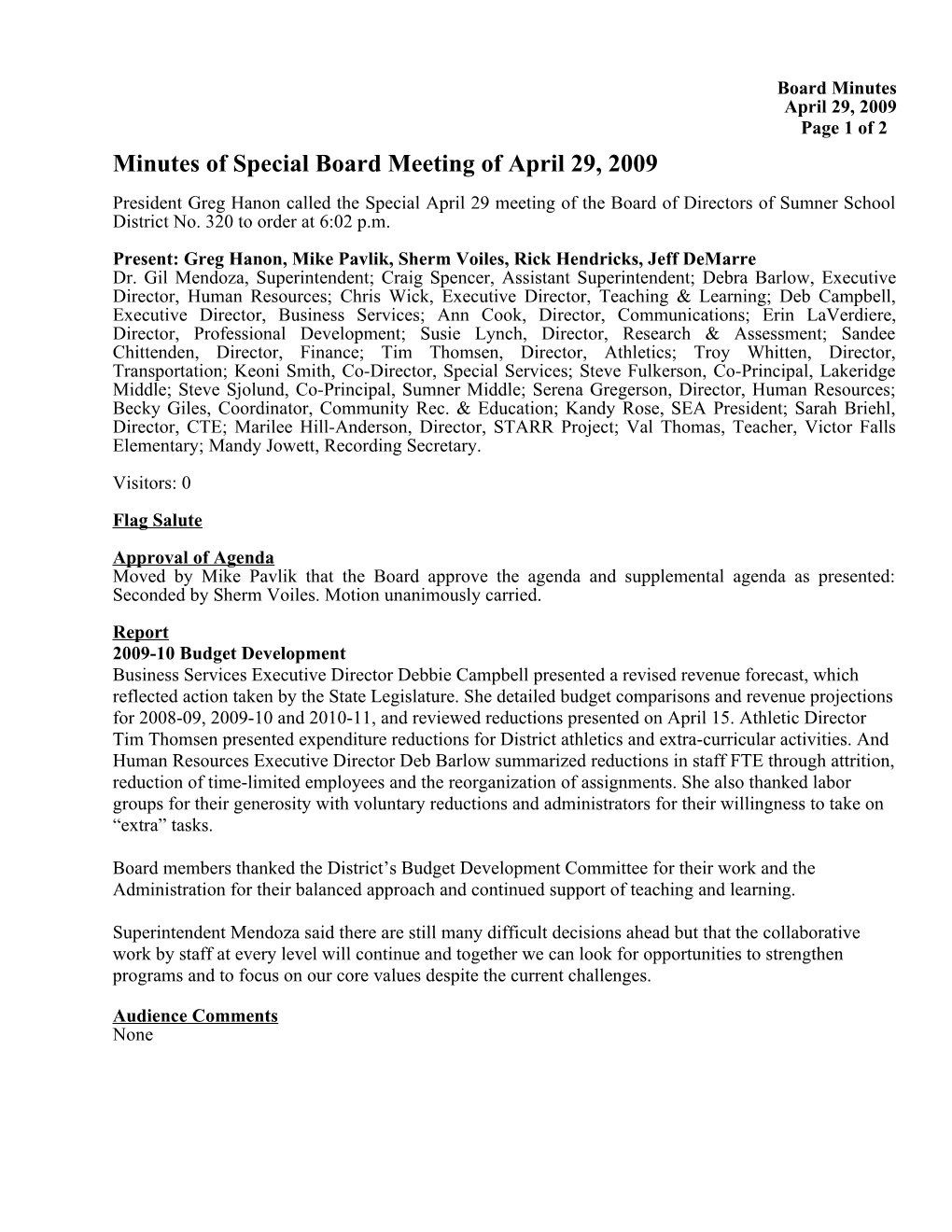 Minutes of Special Board Meeting of April 29, 2009