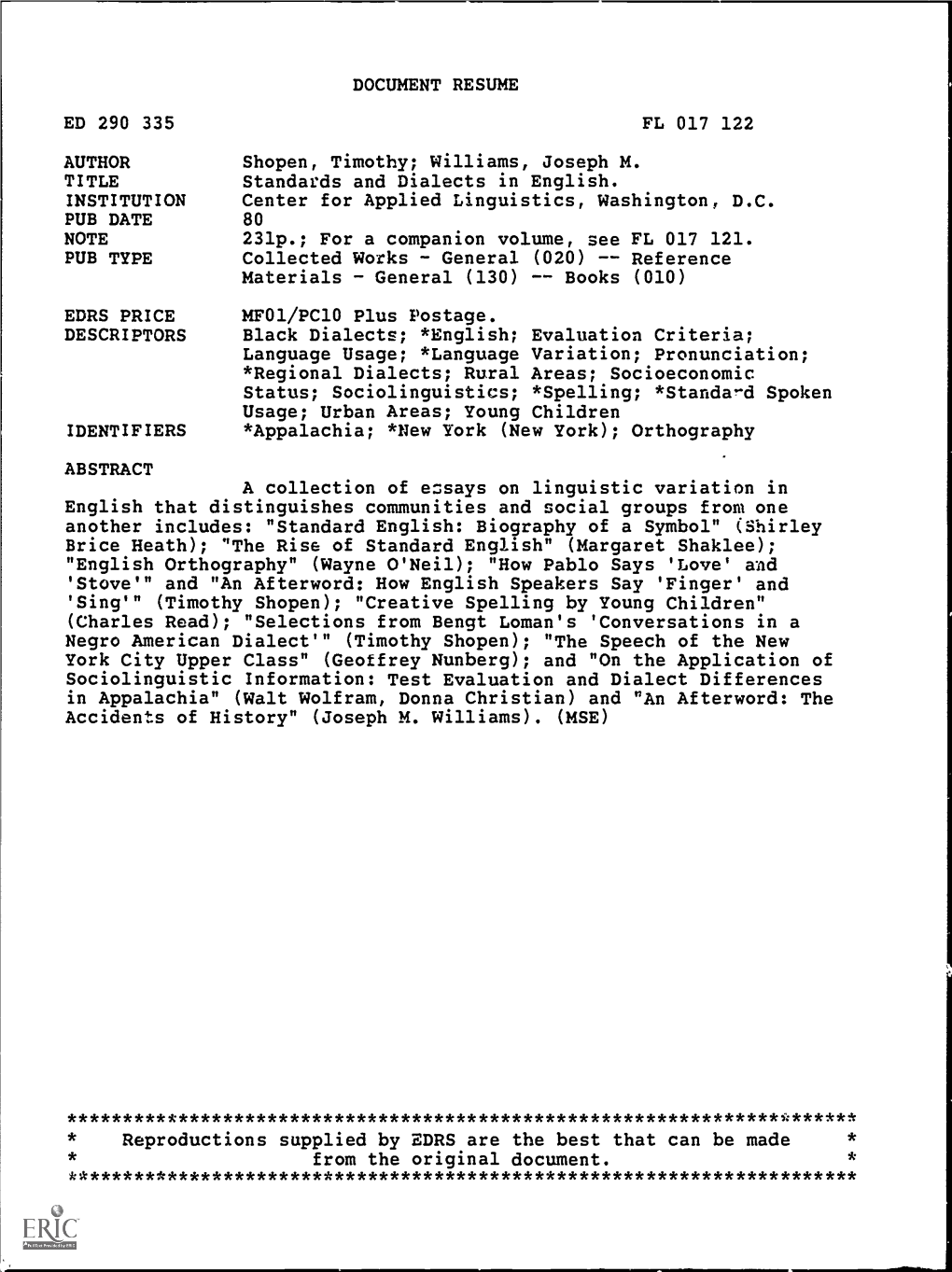 Williams, Joseph M. Standards and Dialects in English. Center