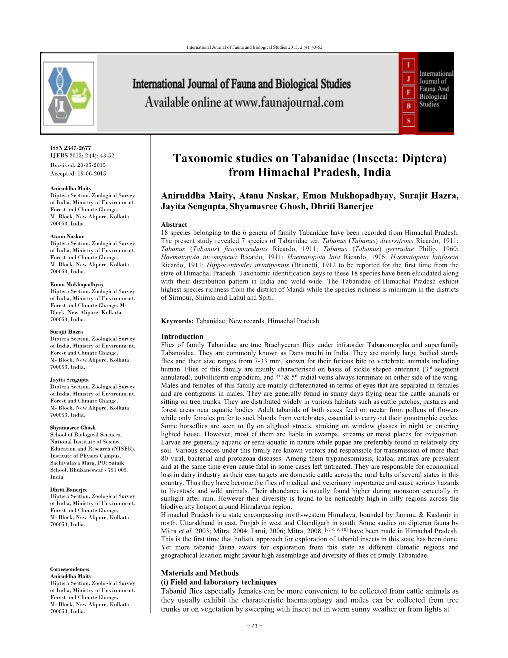 Taxonomic Studies on Tabanidae (Insecta: Diptera) from Himachal