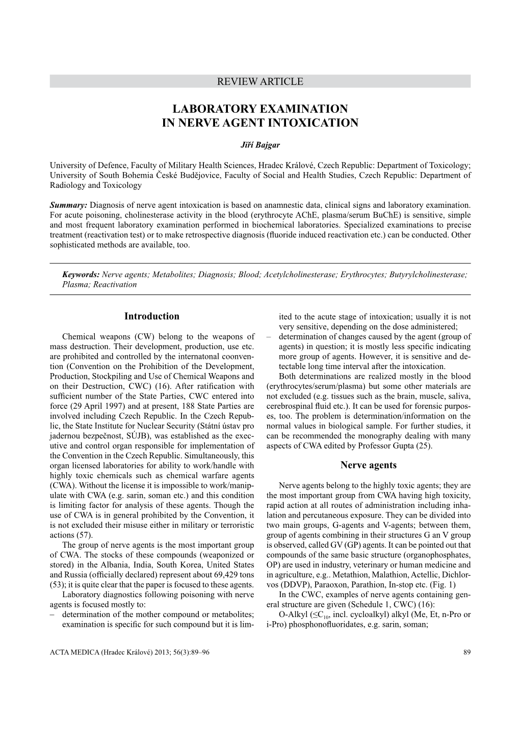 Laboratory Examination in Nerve Agent Intoxication