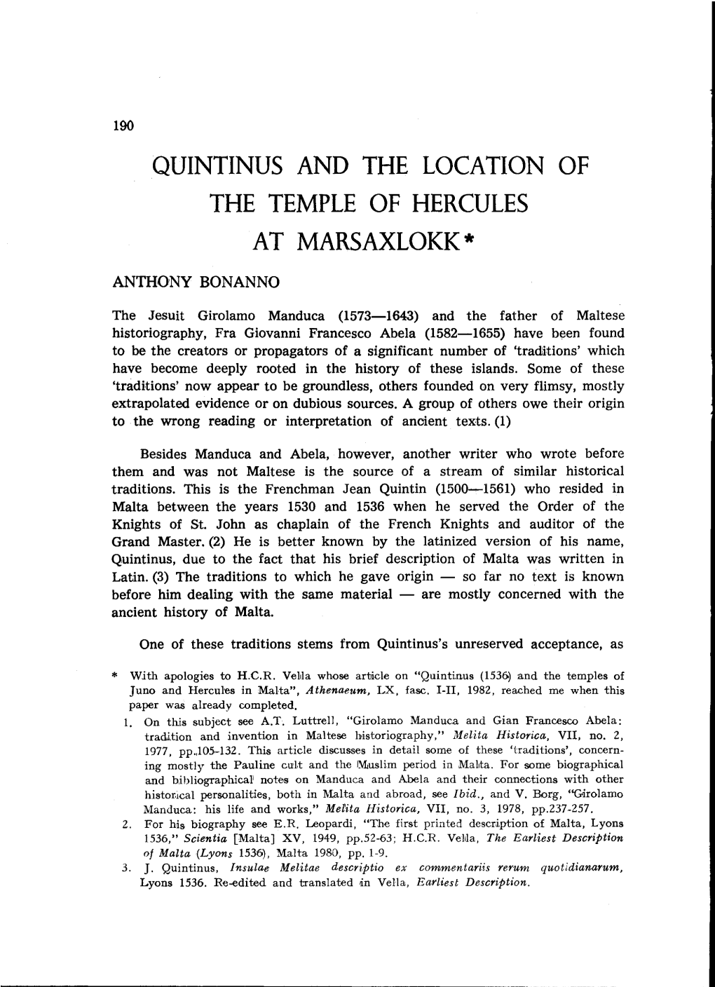 Quintinus and the Location of the Temple of Hercules at Marsaxlokk *