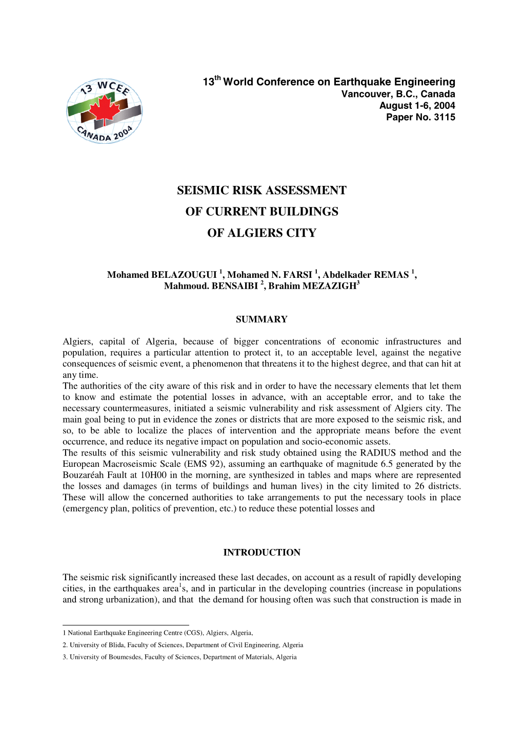 Seismic Risk Assessment of Current Buildings of Algiers City