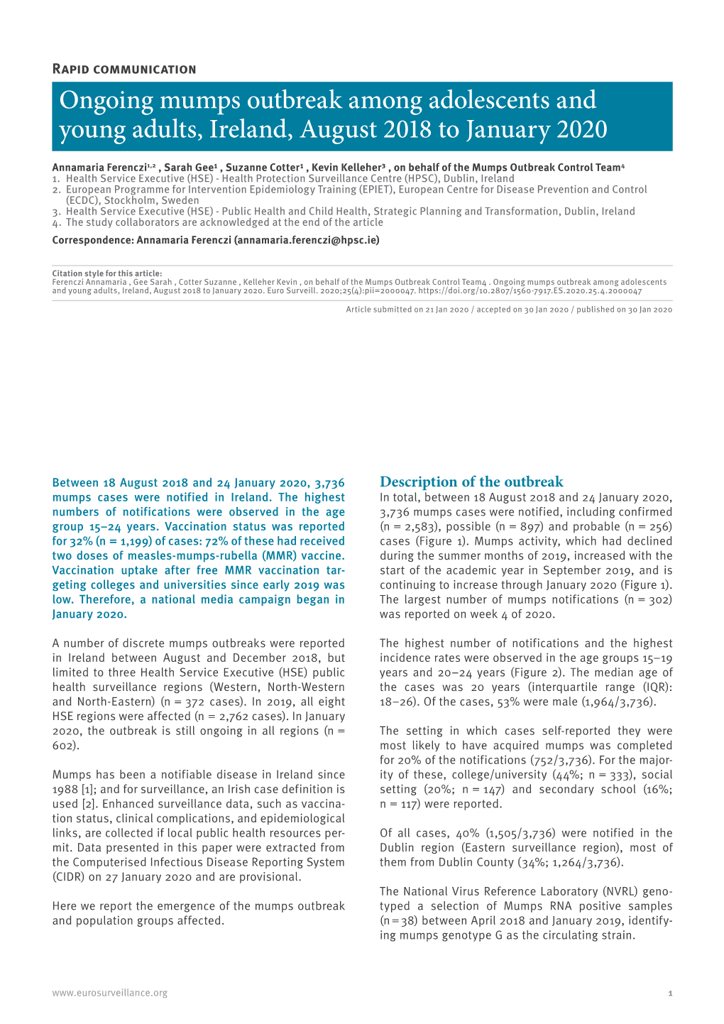 Ongoing Mumps Outbreak Among Adolescents and Young Adults, Ireland, August 2018 to January 2020