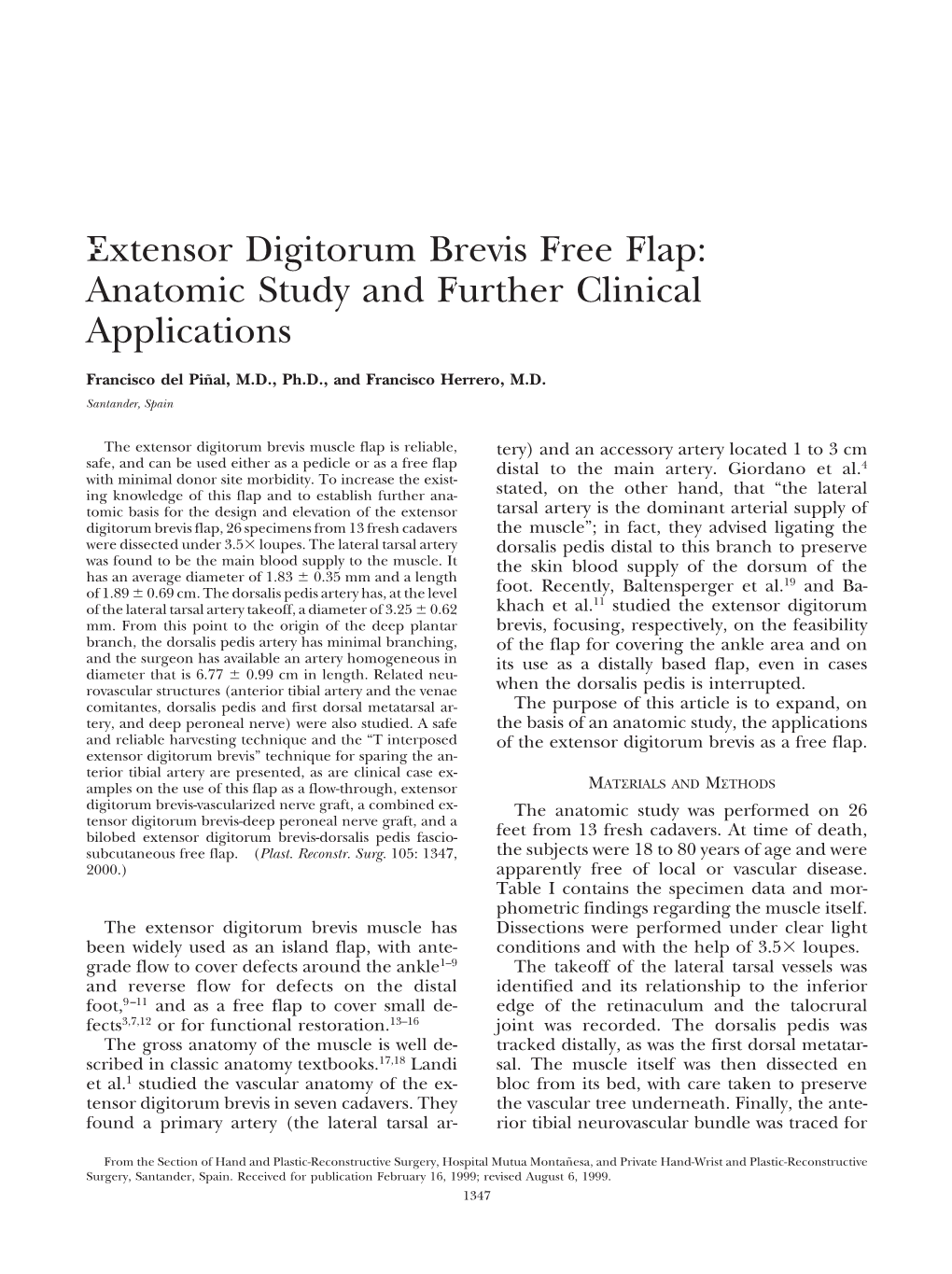 Extensor Digitorum Brevis Free Flap: Anatomic Study and Further Clinical Applications