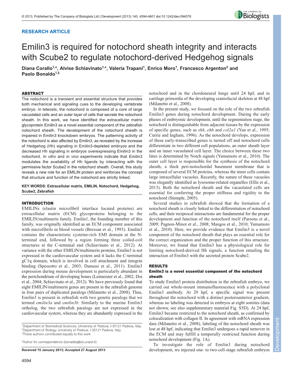 Emilin3 Is Required for Notochord Sheath Integrity and Interacts With