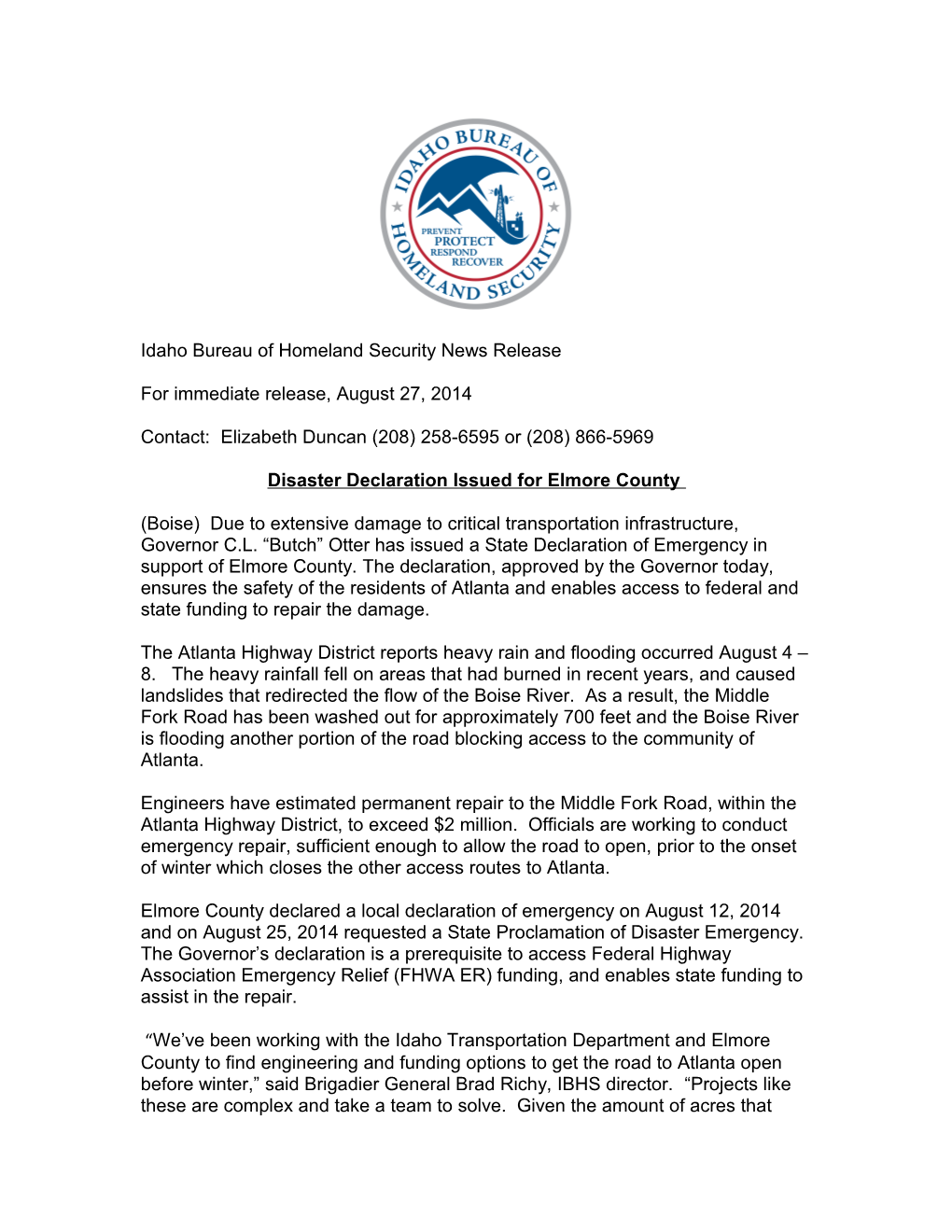 Idaho Bureau of Homeland Security News Release