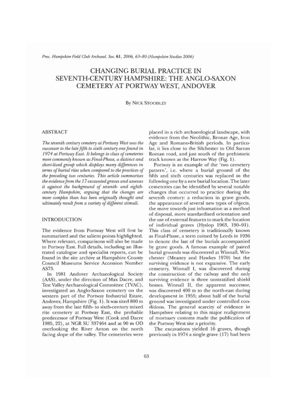 Changing Burial Practice in Seventh-Century Hampshire: the Anglo-Saxon Cemetery at Portway West, Andover