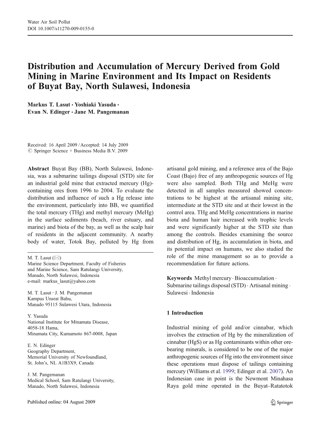 Distribution and Accumulation of Mercury Derived from Gold Mining in Marine Environment and Its Impact on Residents of Buyat Bay, North Sulawesi, Indonesia