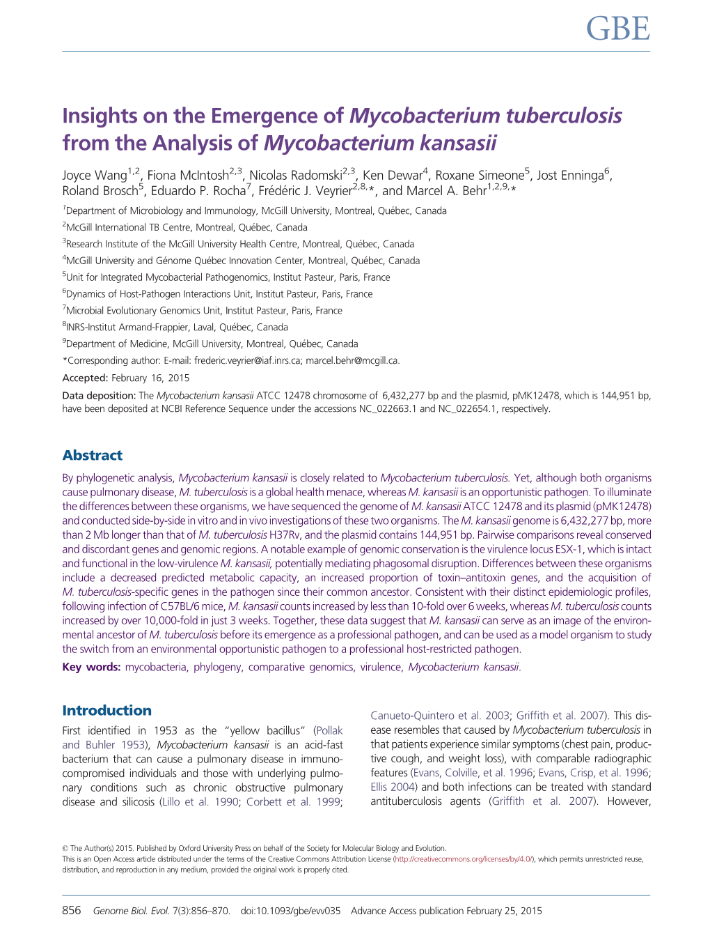 Insights on the Emergence of Mycobacterium Tuberculosis from the Analysis of Mycobacterium Kansasii