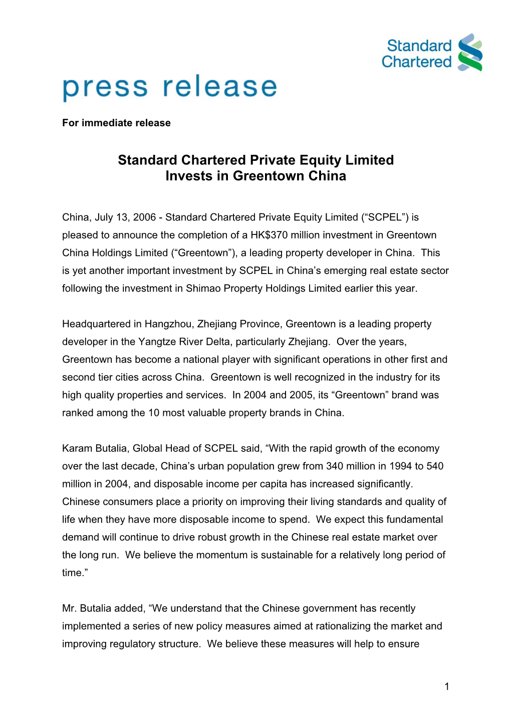 Standard Chartered Private Equity Limited Invests in Greentown China