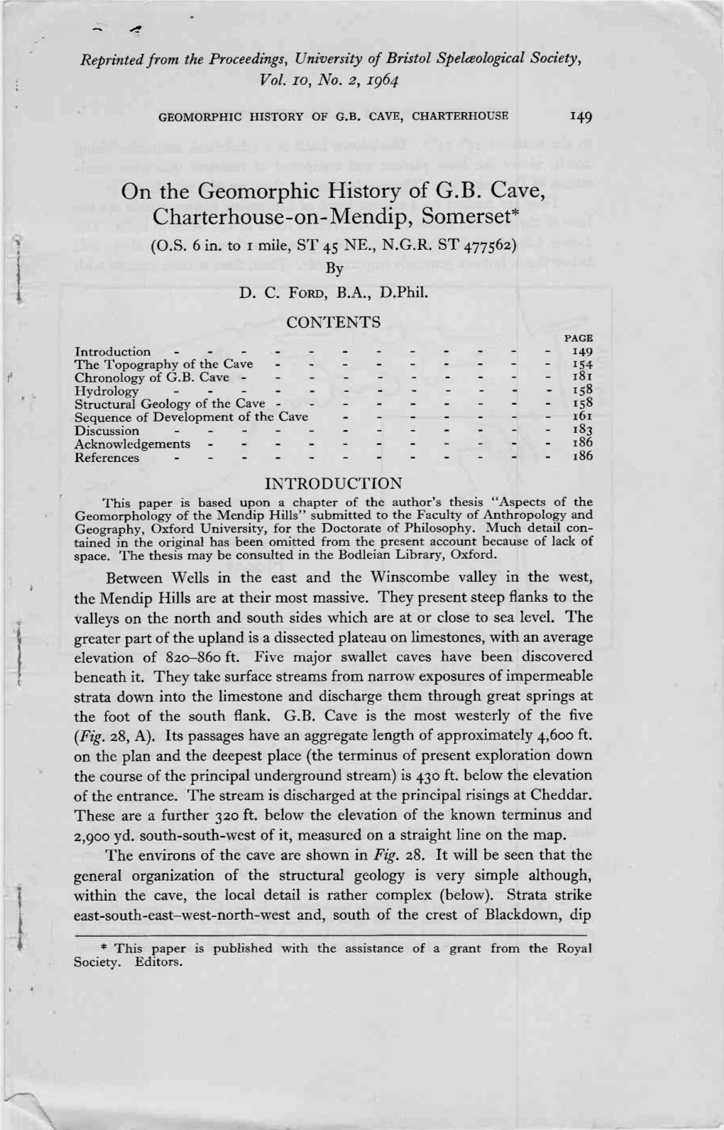 On the Geomorphic History of G.B. Cave, Charterhouse-On-Mendip