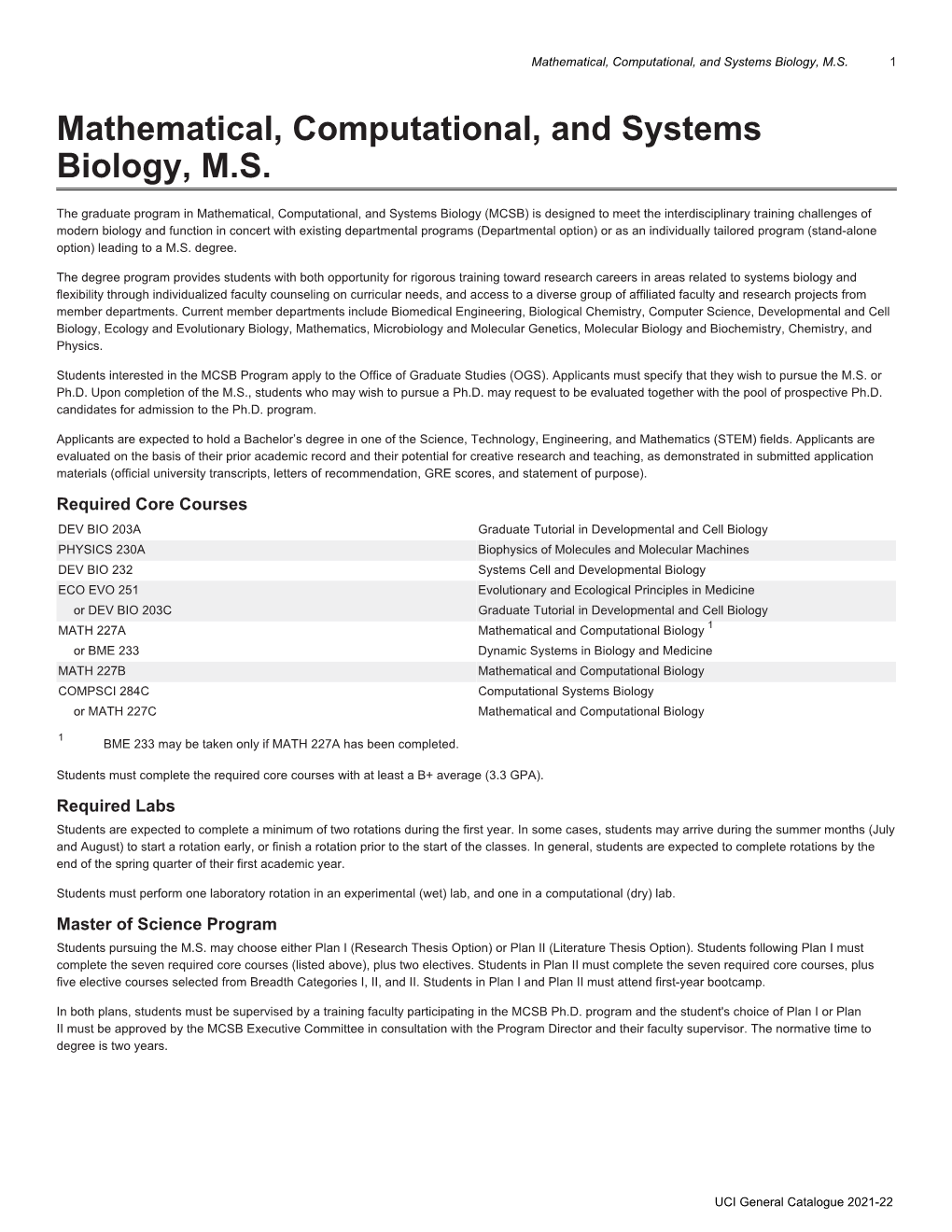 Mathematical, Computational, and Systems Biology, M.S. 1