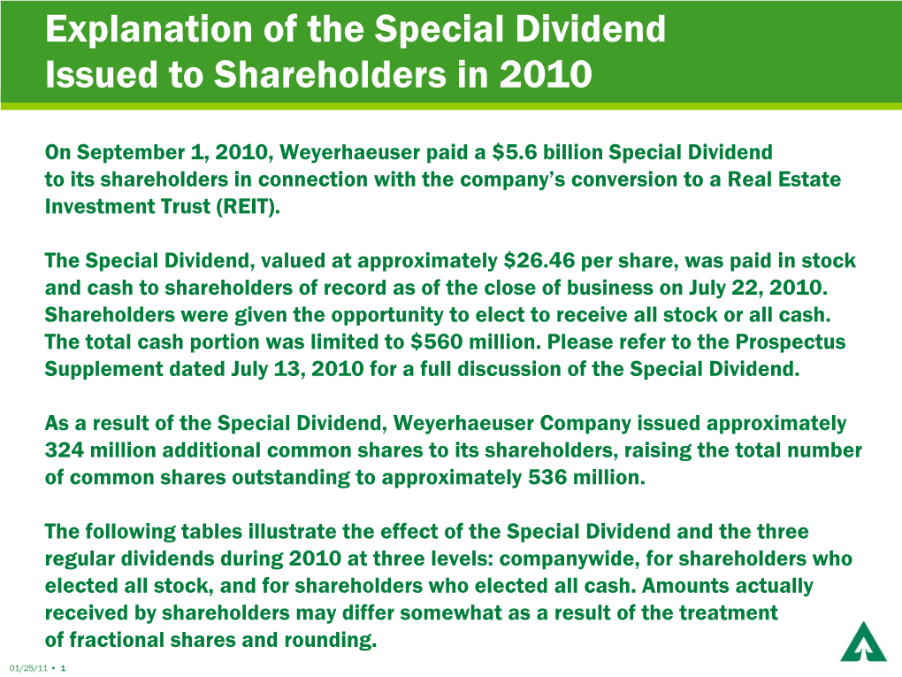 Explanation of the Special Dividend Issued to Shareholders in 2010