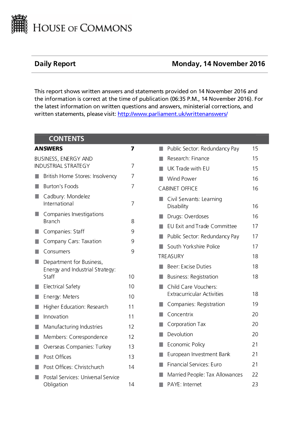 Daily Report Monday, 14 November 2016 CONTENTS