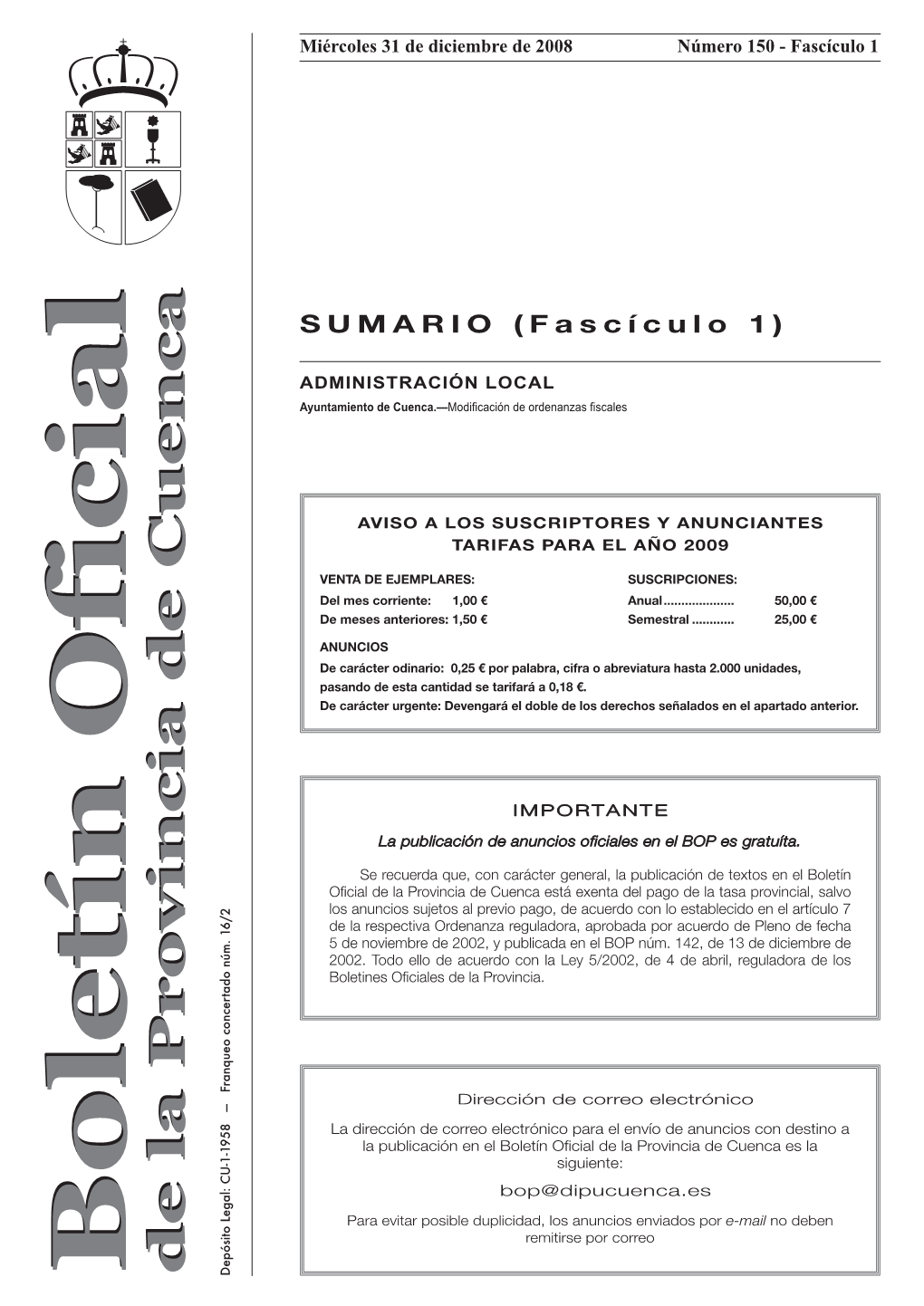 Fascículo 1 Boletín Oficial De La Provincia De Cuenca 31 De Diciembre De 2008
