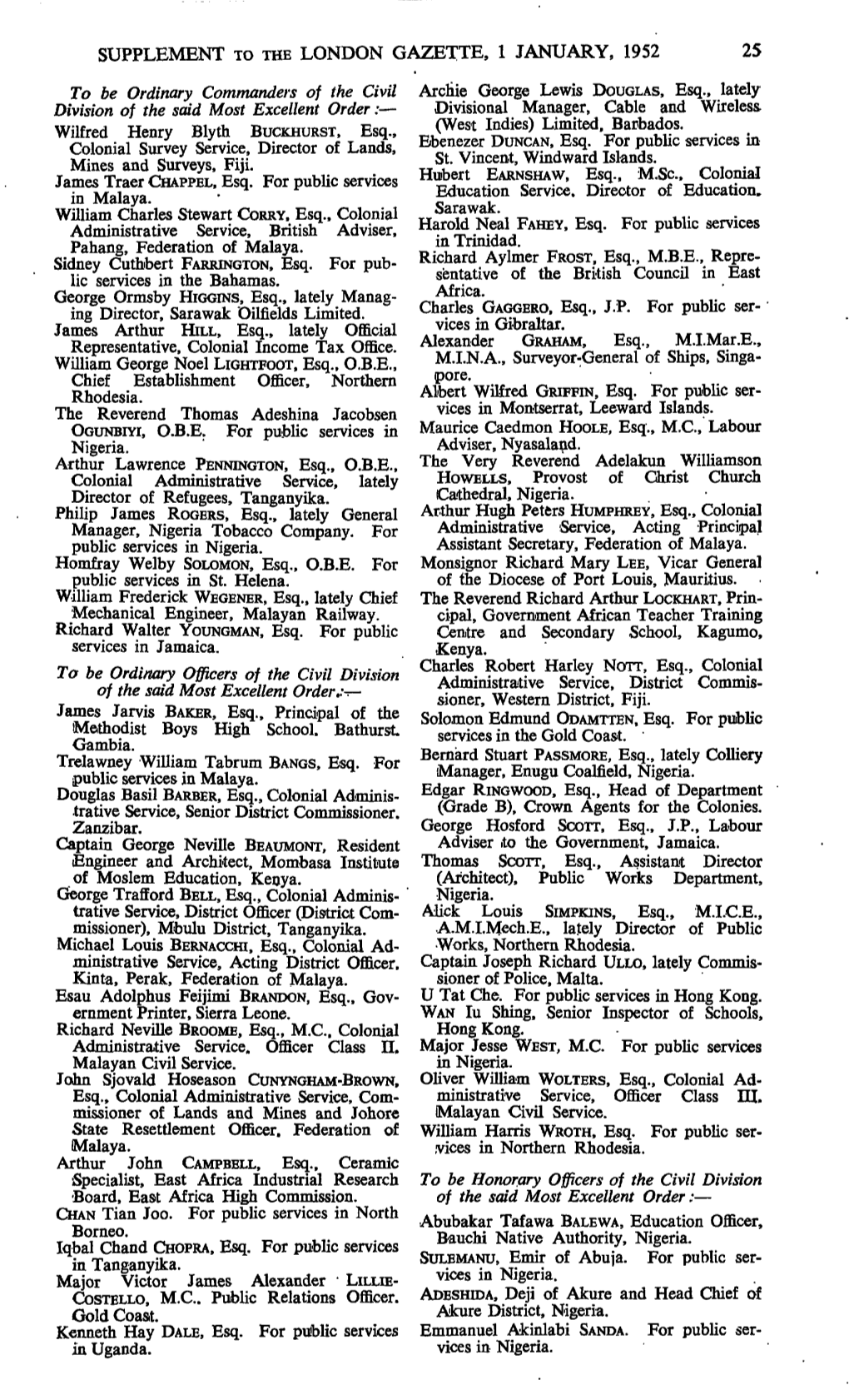 Supplement to the London Gazette, 1 January, 1952 25