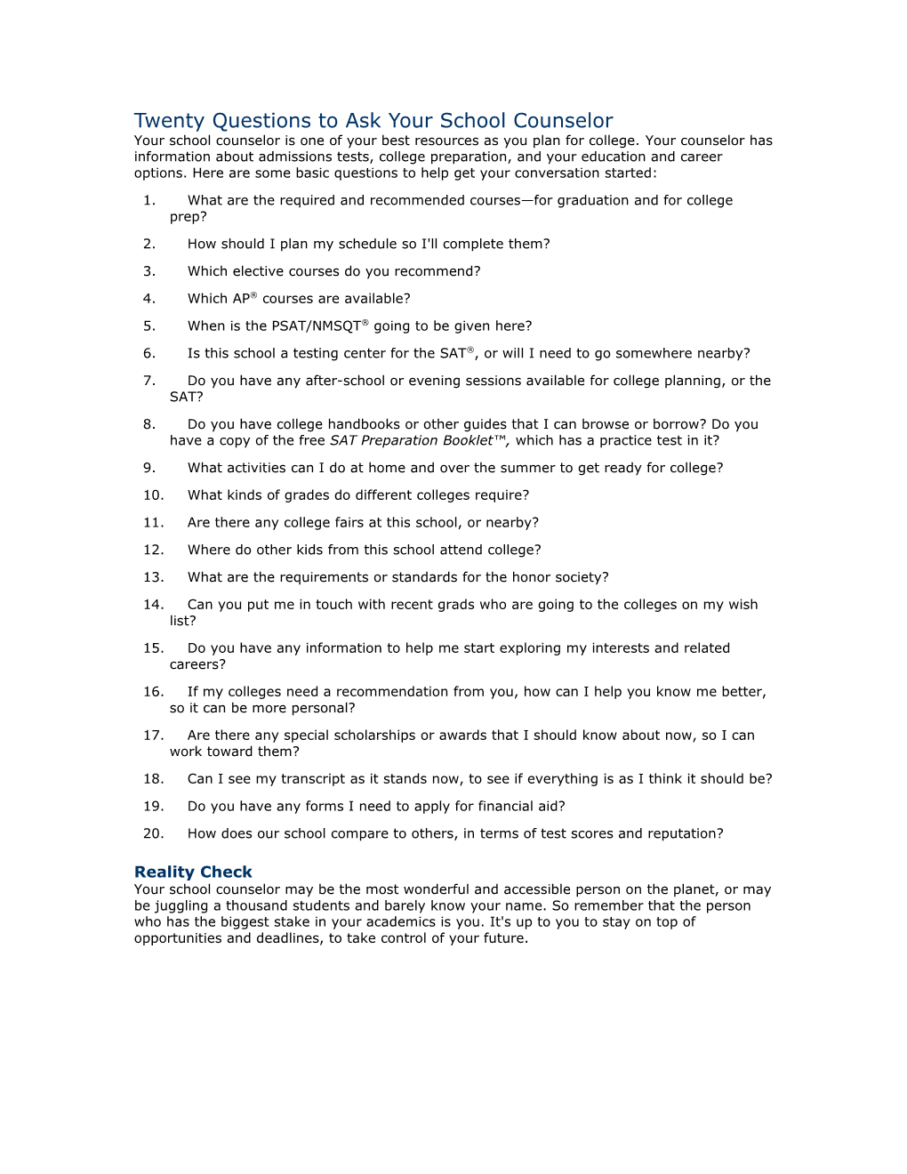 Twenty Questions to Ask Your School Counselor