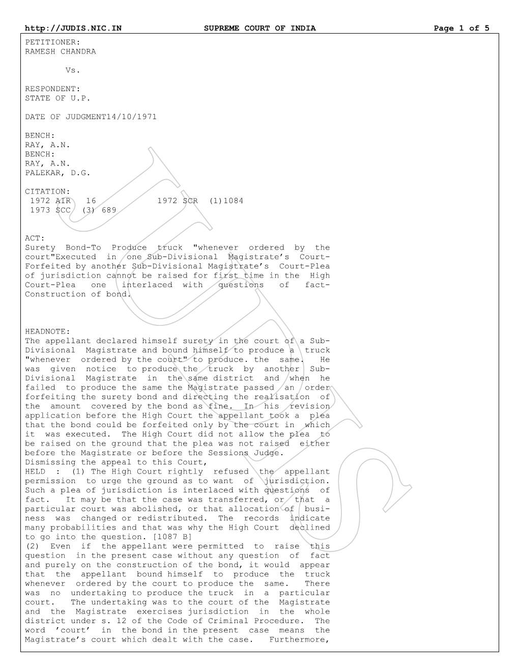 SUPREME COURT of INDIA Page 1 of 5 PETITIONER: RAMESH CHANDRA