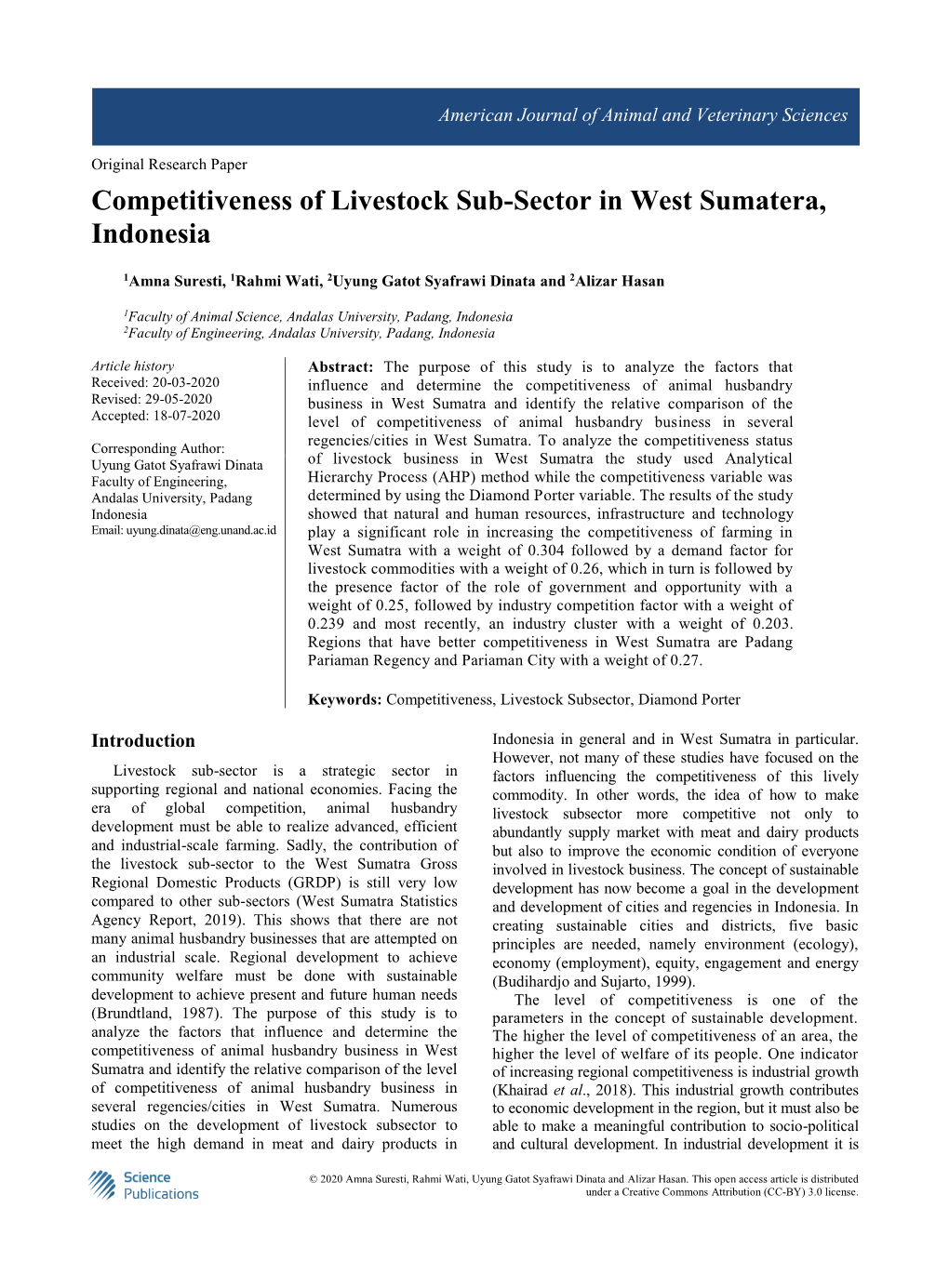 Competitiveness of Livestock Sub-Sector in West Sumatera, Indonesia