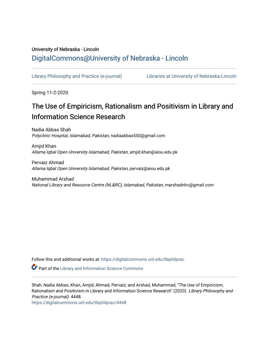 The Use of Empiricism, Rationalism and Positivism in Library and Information Science Research