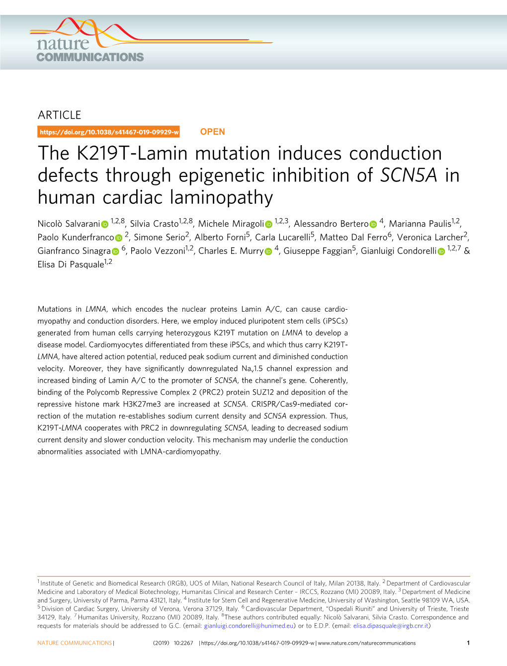 The K219T-Lamin Mutation Induces Conduction Defects Through Epigenetic Inhibition of SCN5A in Human Cardiac Laminopathy
