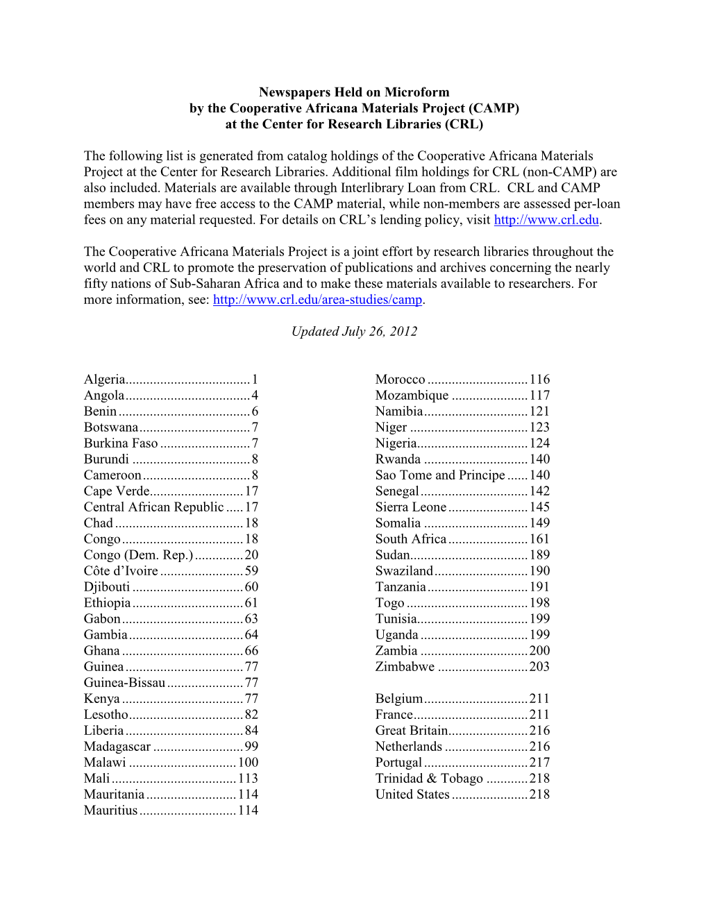 Newspapers Held on Microform by the Cooperative Africana Materials Project (CAMP) at the Center for Research Libraries (CRL)
