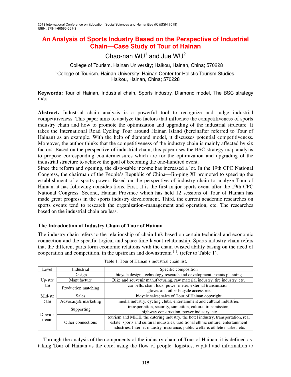 An Analysis of Sports Industry Based on the Perspective of Industrial Chain—Case Study of Tour of Hainan Chao-Nan WU1 and Jue WU2 1College of Tourism