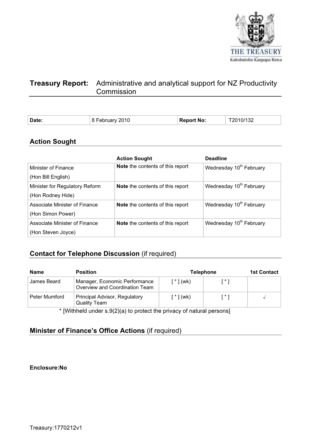 Treasury Report T2010/132: Administrative And