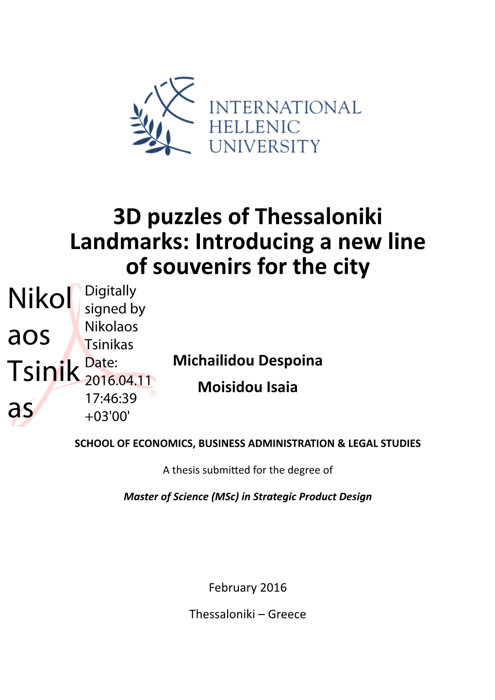 3D Puzzles of Thessaloniki Landmarks: Introducing a New Line of Souvenirs for the City