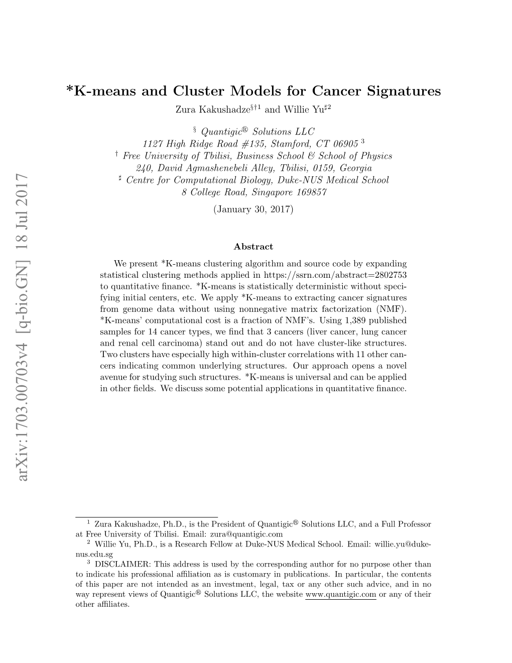 * K-Means and Cluster Models for Cancer Signatures