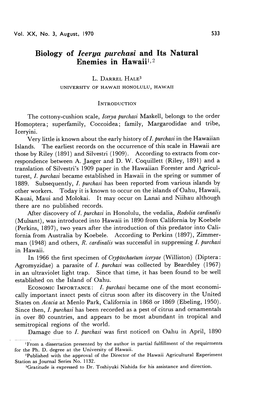 Biology of Icerya Purchasi and Its Natural Enemies in Hawaii12