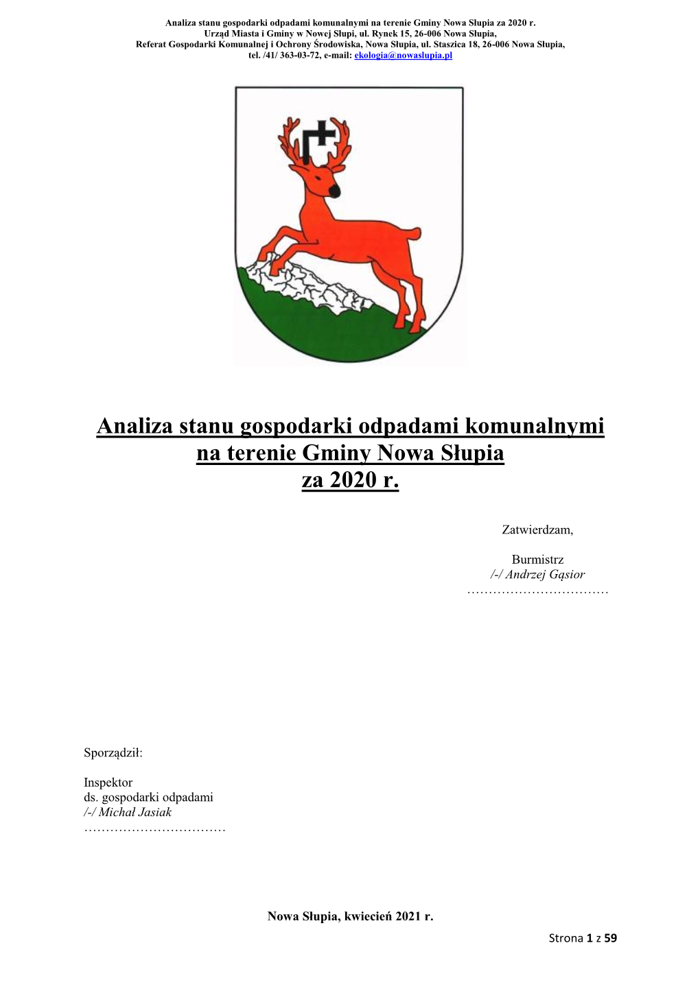 Analiza Stanu Gospodarki Odpadami Komunalnymi Na Terenie Gminy Nowa Słupia Za 2020 R