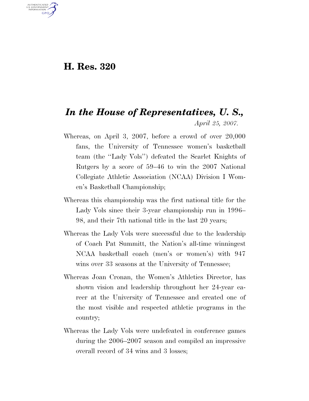 H. Res. 320 in the House of Representatives, U