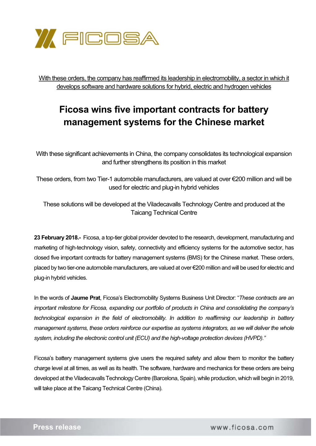 Ficosa Wins Five Important Contracts for Battery Management Systems for the Chinese Market