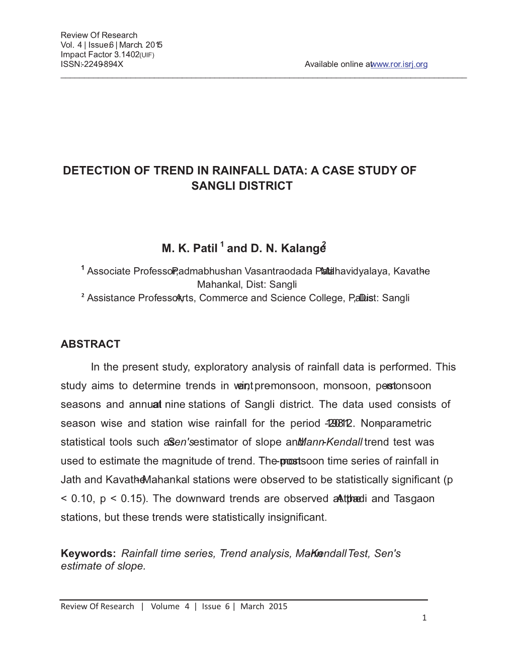 Detection of Trend in Rainfall Data: a Case Study of Sangli District