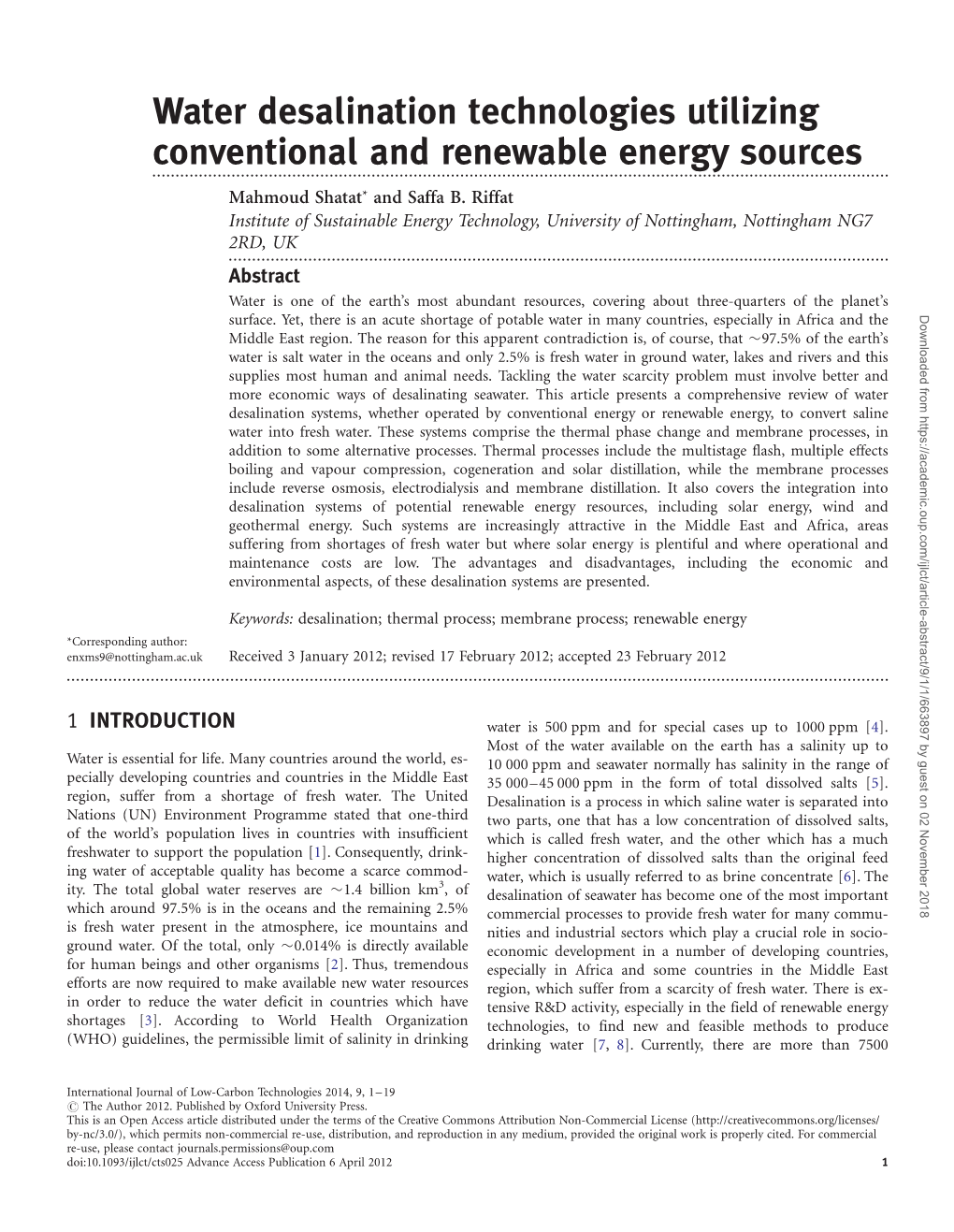 Water Desalination Technologies Utilizing Conventional and Renewable Energy Sources