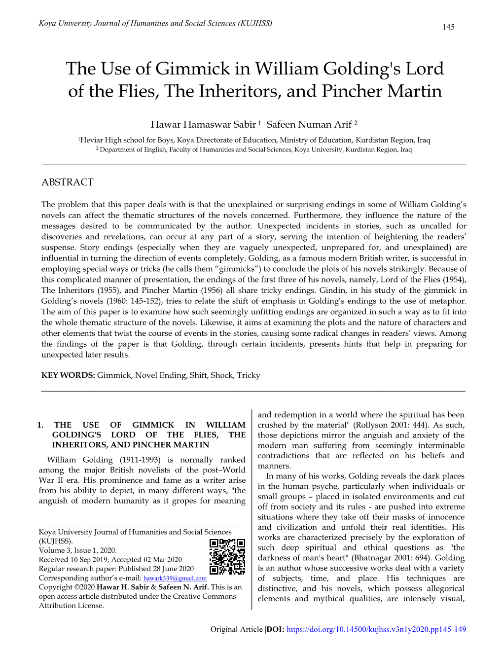 The Use of Gimmick in William Golding's Lord of the Flies, the Inheritors, and Pincher Martin