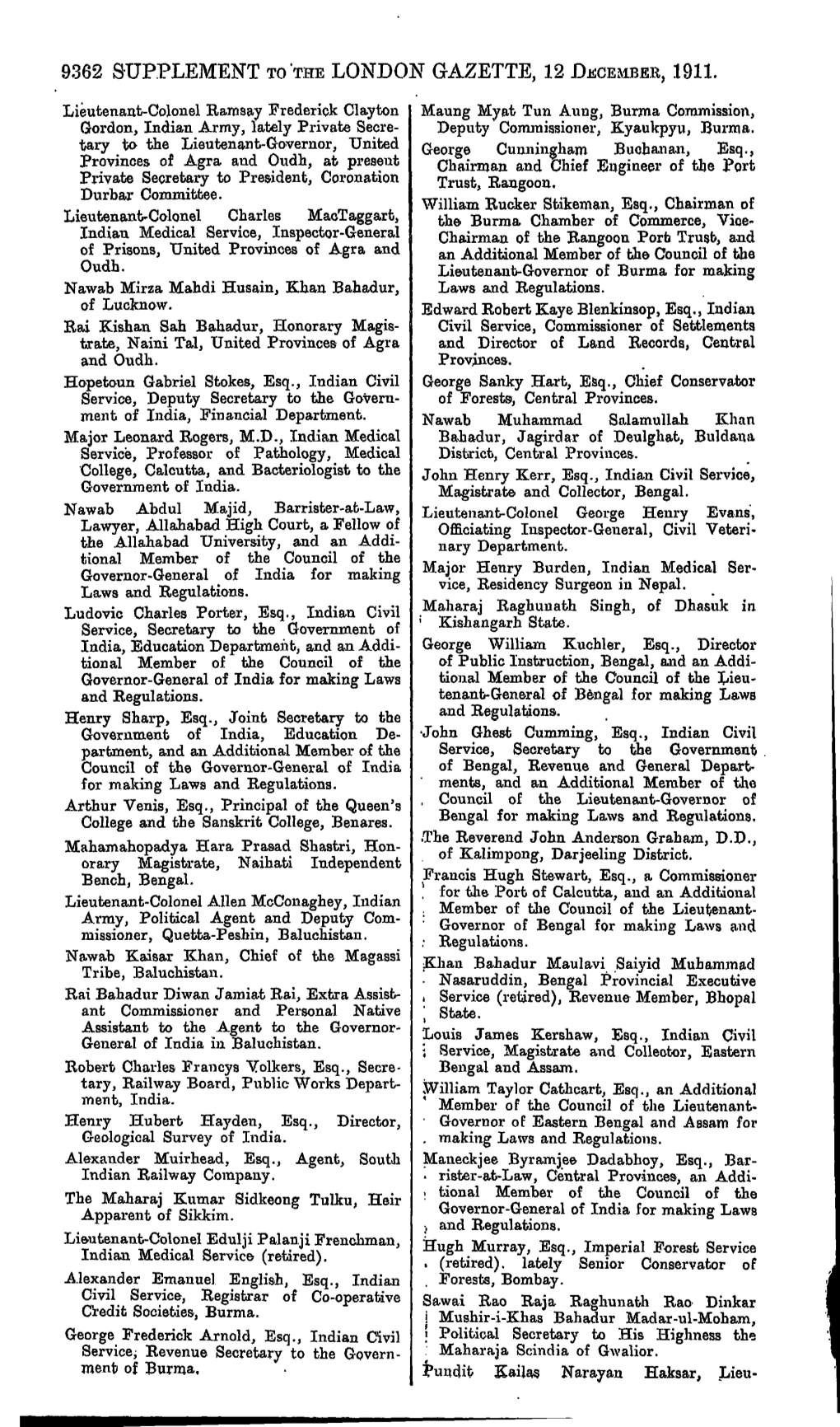 9362 Supplement to the London Gazette, 12 December, 1911